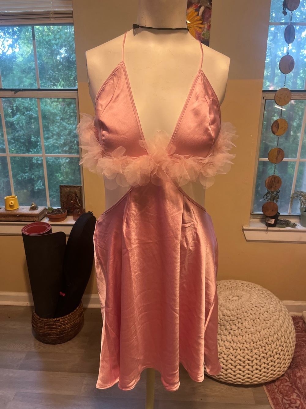 Pink NWT Satin Ruffle Trim Dres with open back
